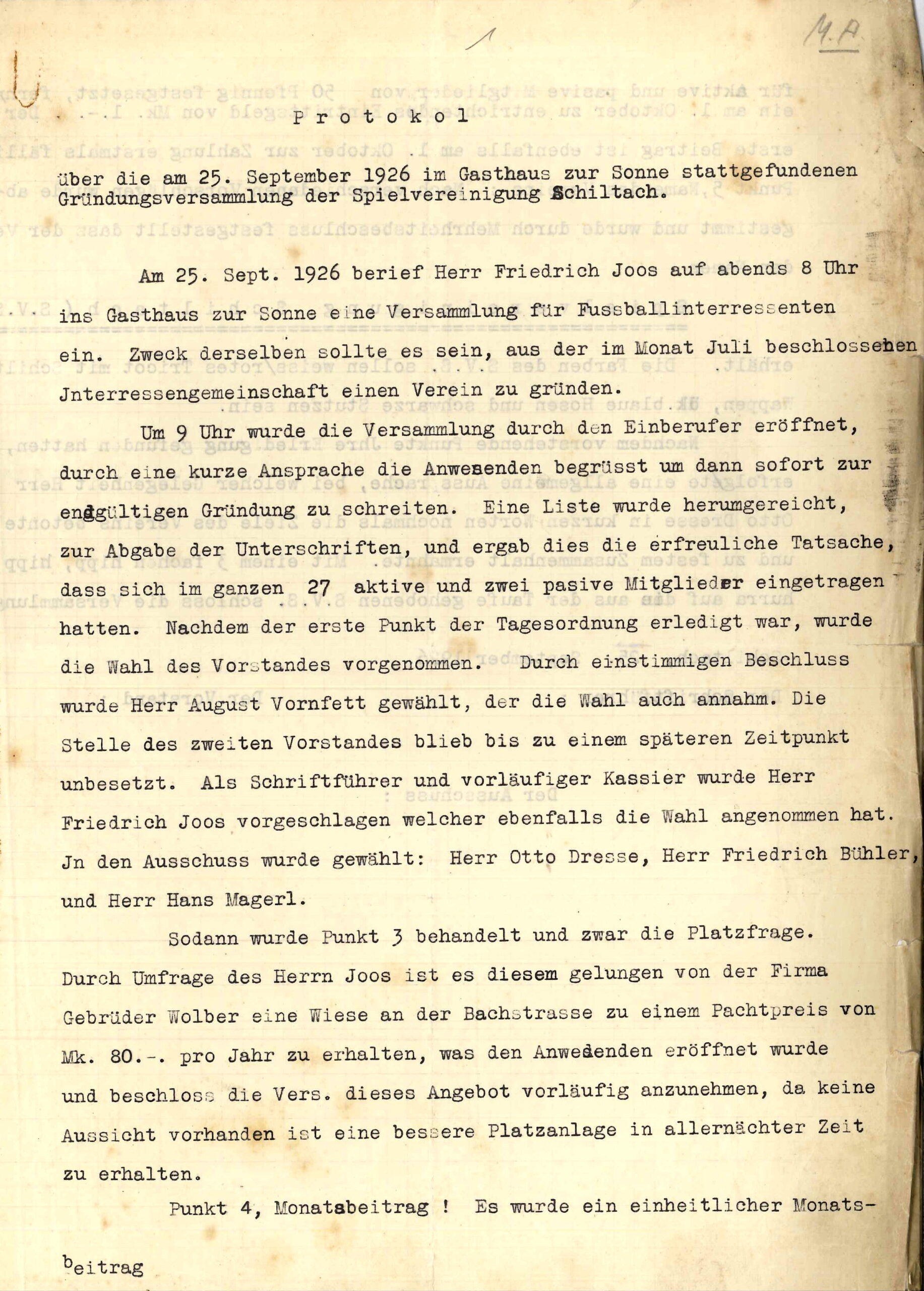 1926 Protokoll Gründungsversammlung